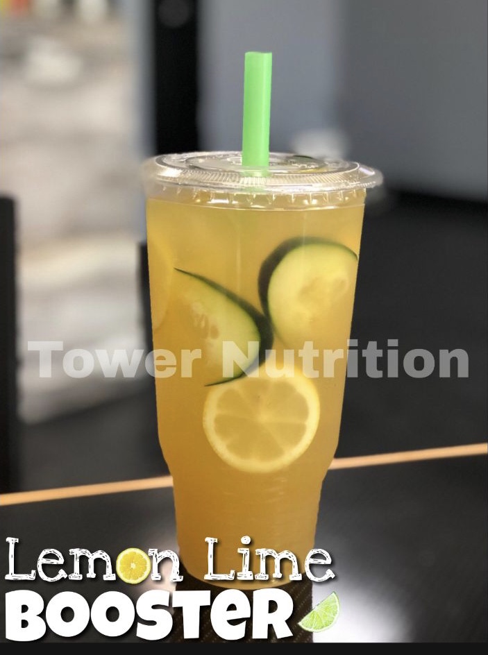 An authentic Tower Nutrition Lemon Lime Booster drink